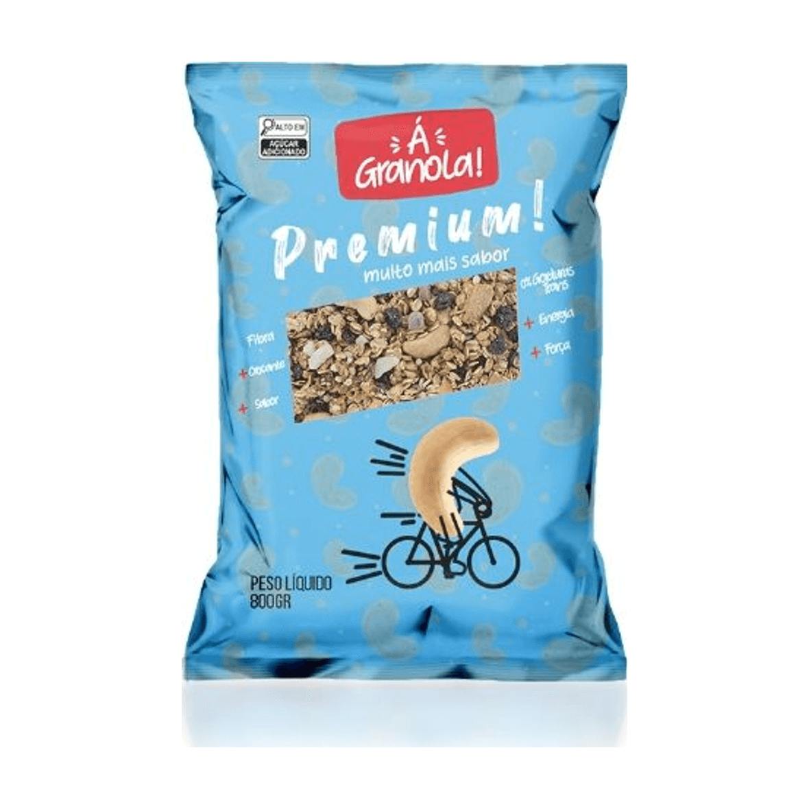 Embalagem azul de granola premium com ilustração de bicicleta, 800 g