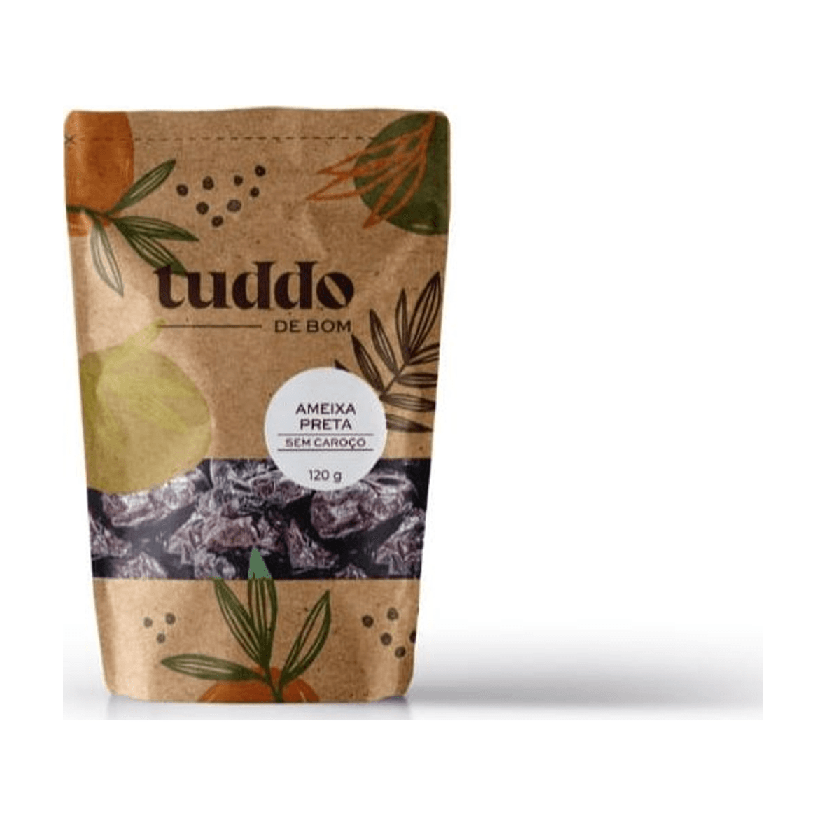 Embalagem kraft de ameixa preta sem caroço com ilustrações botânicas, 120 g